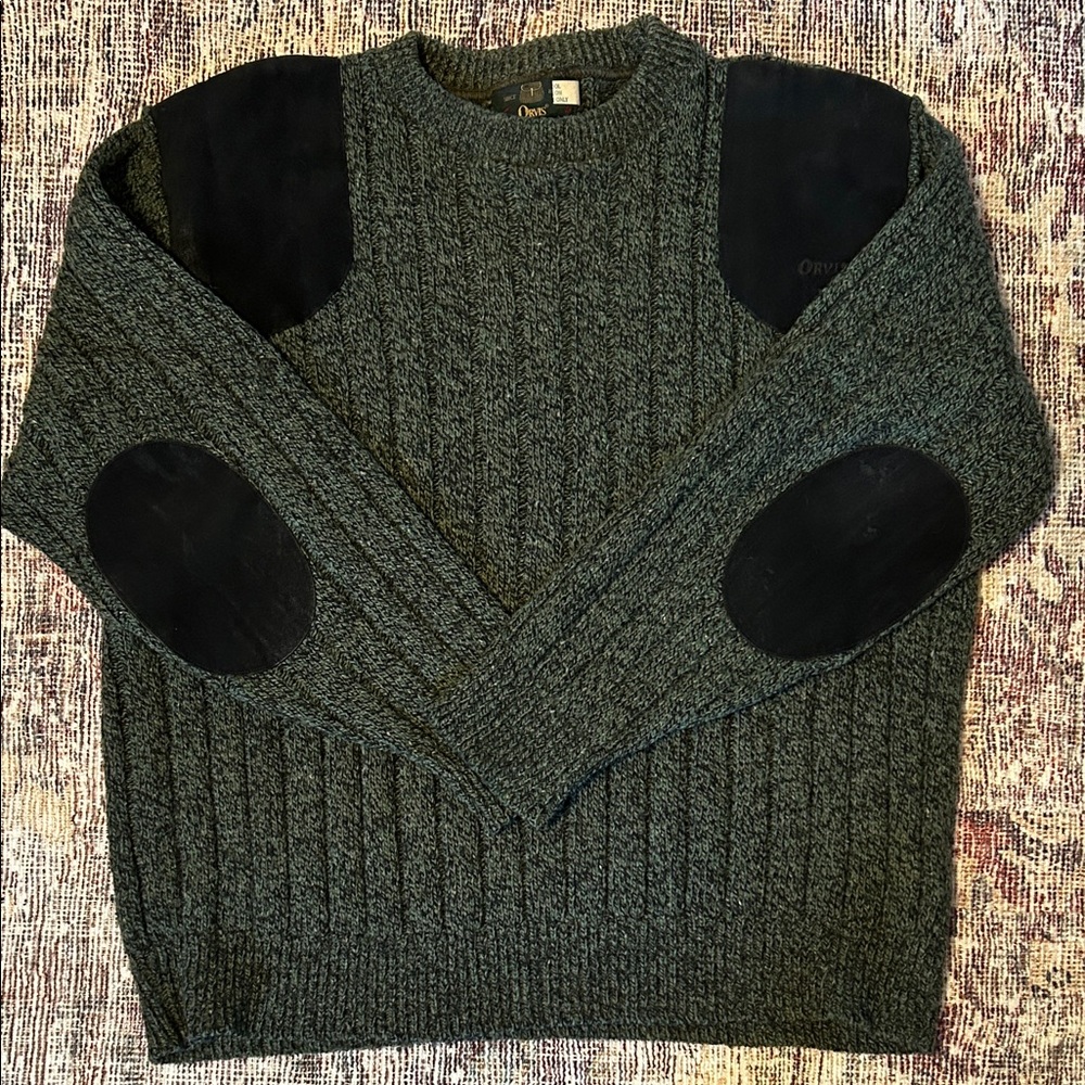 Orvis Men's Dark Green Sweater with Black Suede Patches - Picture 1 of 7